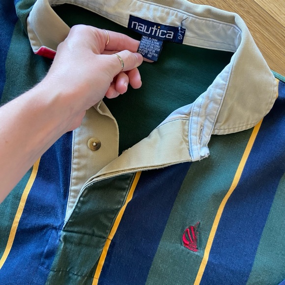 Vintage 90s Nautica Long Sleeve Blue and Green Striped Rugby Shirt 🔥 - Picture 3 of 3
